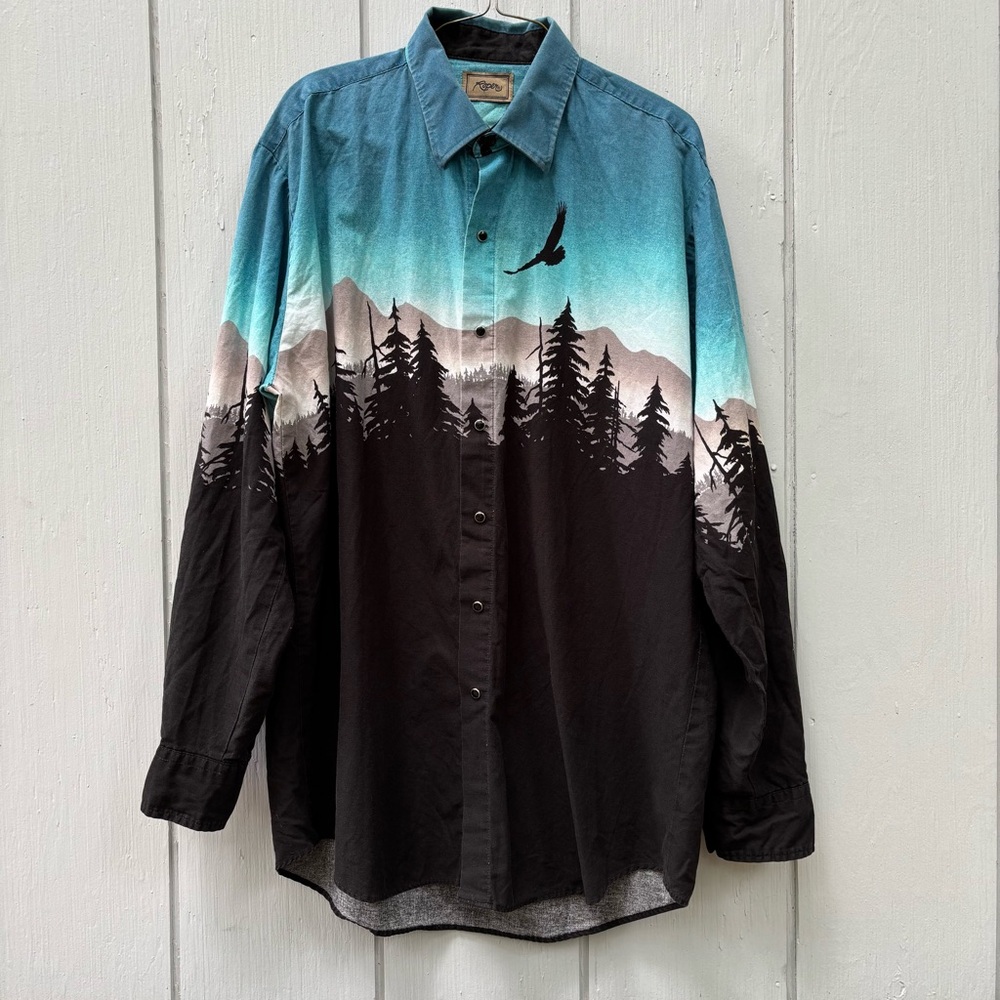 ROPER—VTG Western Shirt—L—16 x 34.5—Snap Buttons—Bald Eagle Silhouette / Skyline